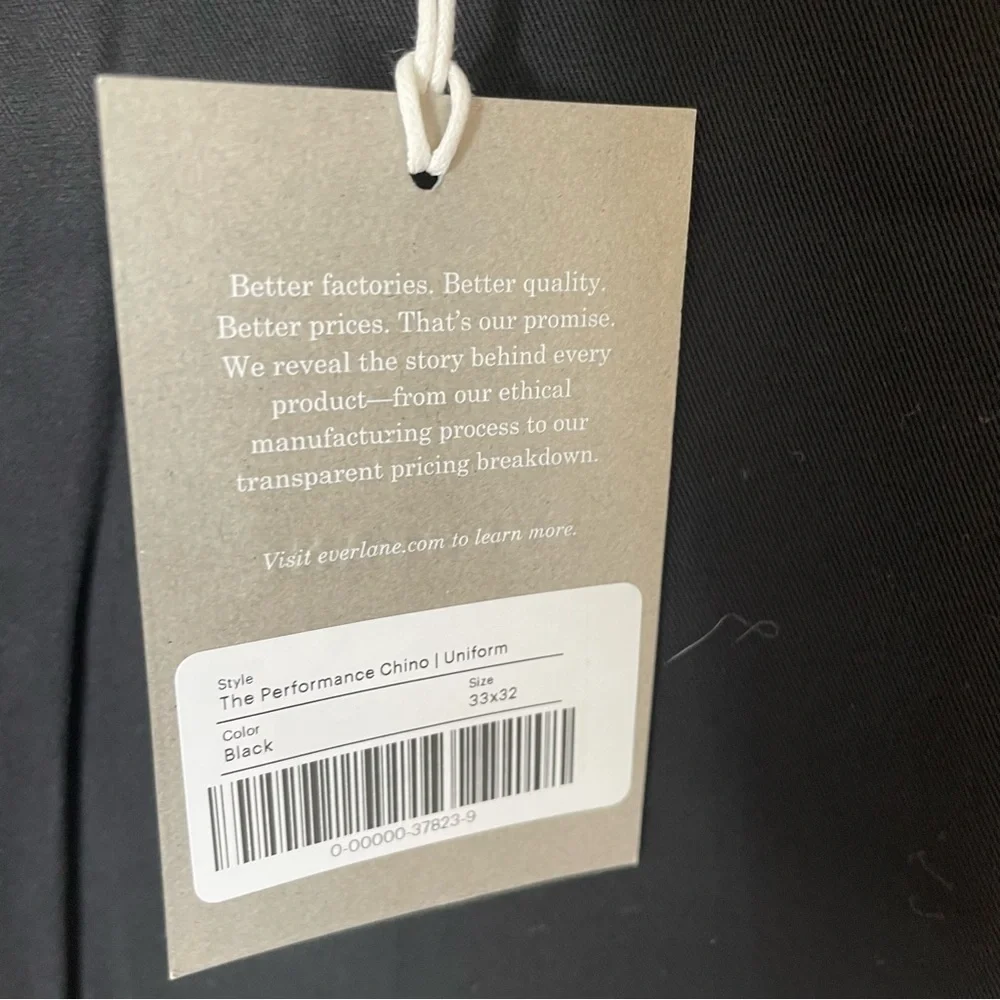 NEW WITH TAGS Everlane Black The Performance Chino Uniform Slim Fit Size 33 x 32